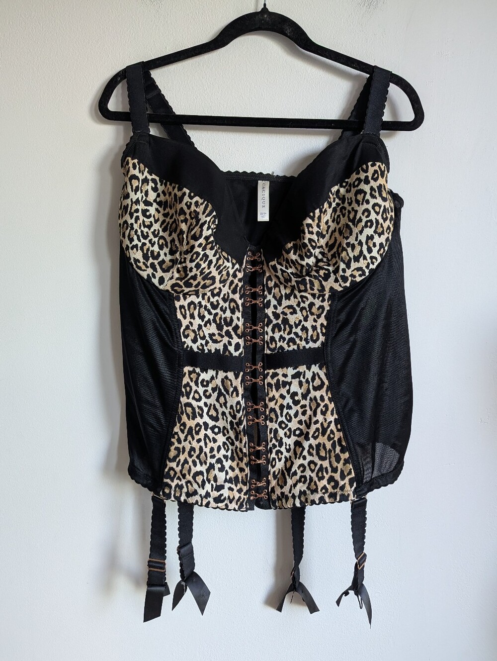 Cacique by Lane Bryant Leopard Print Black Mesh Bustier Corset with Garters 22/2